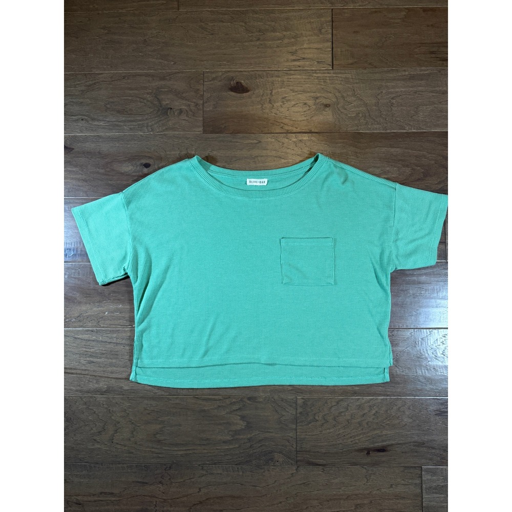 Olive + Oak Mint Green Waffle Knit Short Sleeve Pocket Top LS5K15715BK Womens L - Picture 1 of 7